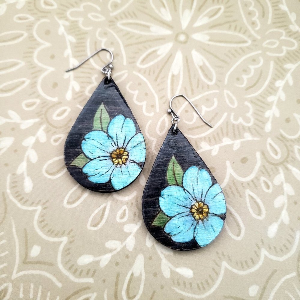Forget-Me-Not Hand Painted Wood and Resin Teardrop Earrings